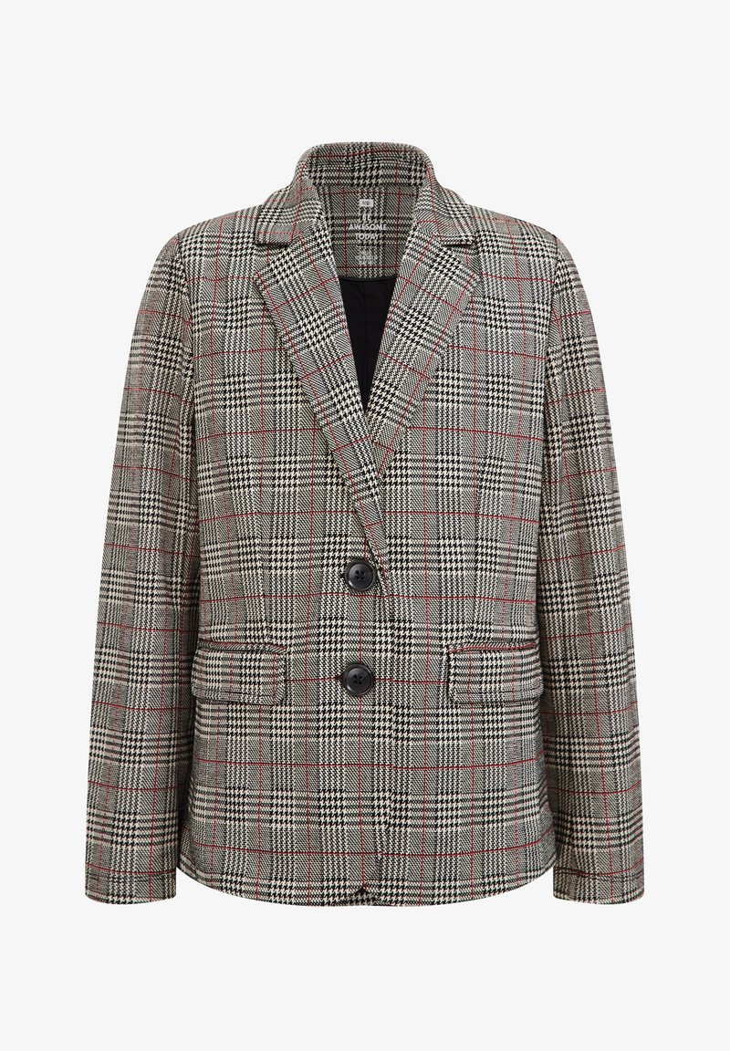 Marynarka w kratę w odcieniach szarości, bieli i czerni z czerwonymi akcentami. Posiada wysoki kołnierz, zapięcie na dwa guziki oraz kieszenie z przodu. Teksturowany materiał.