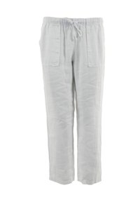 Pantaloni in lino grigio chiaro con vita elasticizzata, cordoncino e due tasche frontali; vestibilità rilassata con silhouette a gamba dritta.