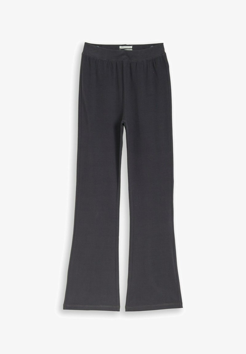 Pantalon noir à taille élastique, jambes larges et couture simple, présenté à plat sur fond blanc.