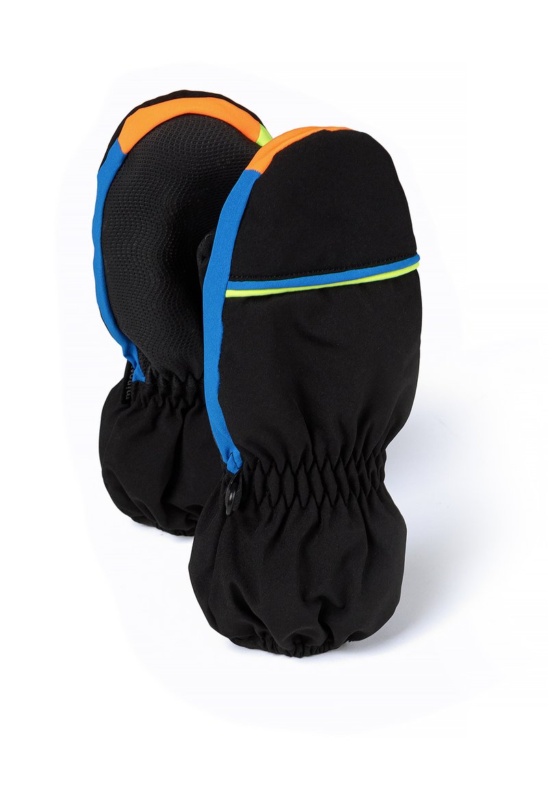 Črne rokavice z barvitimi akcenti v oranžni, modri in zeleni barvi. Imajo elastičen zapestni del in gladko teksturirano notranjost za udobje.
