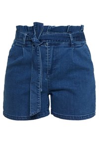 Tummansiniset farkkushortsit, joissa on korkea vyötärö ja samaa kangasta oleva vyö. Ominaisuudet: sileä pinta ja käännetty lahje.