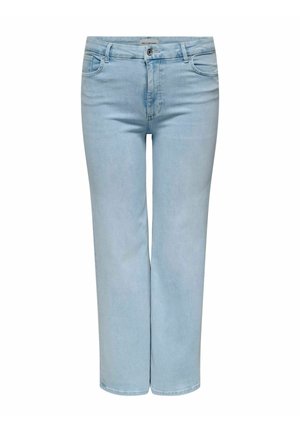 Vaaleansiniset farkut suoran lahkeensuuden kanssa, joissa on nappikiinnitys, vyölenkit ja neljä taskua, sekä sileä, hieman haalistunut pinta.