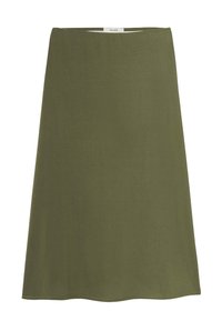 Jupe midi A-line vert olive en tissu léger et doux. Dotée d'une large taille et d'un ourlet régulier. Design simple et sans embellissement.