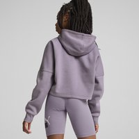 Sudadera corta de color lavanda con capucha, puños acanalados y un ajuste holgado, combinada con pantalones cortos de ciclismo a juego en lavanda que presentan un logo.