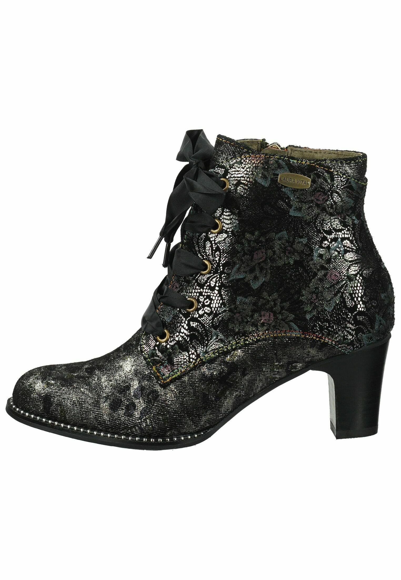 Bottines Femme Laura Vita Oanello 05 - Talon Aiguille 8 Cm, Bout Pointu, Motif Floral - Noir, Bleu, Marron - 10