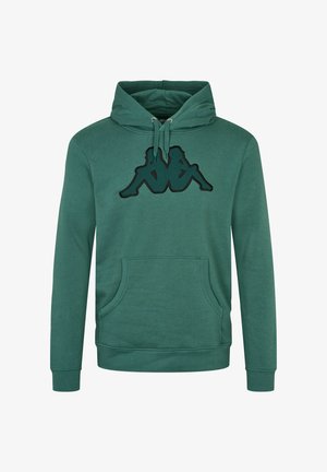 Zelena kapuca iz mehkega materiala, z kenguru žepom in črnim logotipom na prsih. Prilagodljiv kapuco z vrvico.