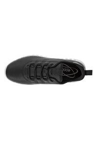 Sorte sneakers laget av glatt lær med en teksturert mesh tunga. Har seks svarte metallhull og en hvit gummisåle med et mønster.