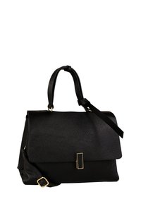 Zwarte leren handtas met een gestructureerde afwerking, een bovenhandvat en een verstelbare schouderriem. Voorzien van een gouden sluiting.