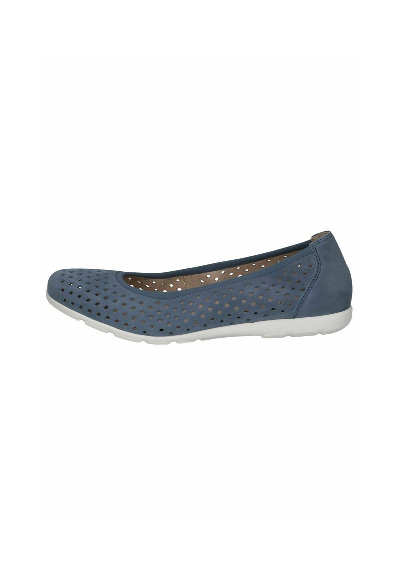 Blue perforated flat shoe with a rounded toe, soft upper material, and a white rubber sole. Features geometric cutouts for ventilation.