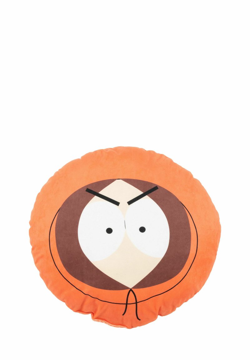 Cuscino rotondo arancione con il volto di un personaggio dei cartoni animati, dotato di grandi occhi bianchi, sopracciglia nere e un dettaglio del cappuccio marrone. Texture in tessuto morbido.