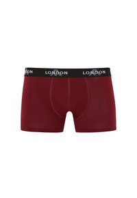 Burgundy boxer shorts made of soft fabric, featuring a black elastic waistband with white "LONDON" branding and stitched detailing.
