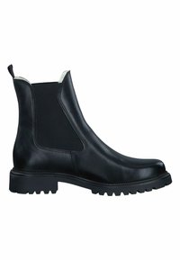 Bottine Chelsea en cuir noir avec des panneaux élastiques sur les côtés, une semelle en caoutchouc texturé et une languette à l'arrière. Fini lisse, bout rond.