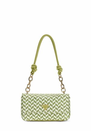 Petit sac à main rectangulaire avec motif chevrons vert et blanc, maillons de chaîne dorés et anse en cuir vert noué.