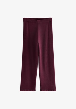 Pantalones de punto suaves y de pierna ancha en burdeos profundo con una cinturilla elástica acanalada, exhibidos planos sobre un fondo blanco.