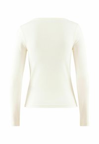 Maglietta bianca a maniche lunghe con texture a coste e scollatura rotonda. Il design è aderente, con una finitura liscia e senza decorazioni visibili.