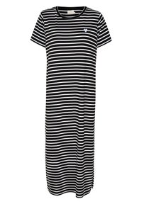 Black and white striped T-shirt dress with a crew neck, short sleeves, side slits, and a light blue heart emblem on the chest.