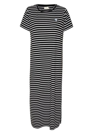 Czarna i biała w paski sukienka T-shirt z okrągłym dekoltem, krótkimi rękawami, bocznymi rozcięciami oraz jasnoniebieskim emblematem w kształcie serca na piersi.