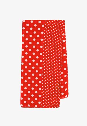 Foulard en tissu rouge avec de grands pois blancs d'un côté et de plus petits pois blancs de l'autre, avec une texture rugueuse.