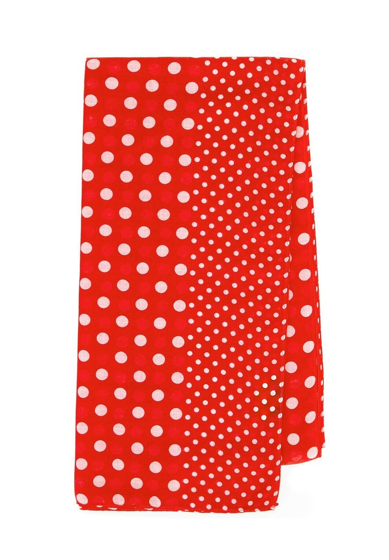 Foulard en tissu rouge avec de grands pois blancs d'un côté et de plus petits pois blancs de l'autre, avec une texture rugueuse.