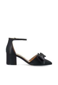 Black heeled shoes feature a pointed toe, satin-like finish, and a decorative bow on the front. The heel is a solid block design.