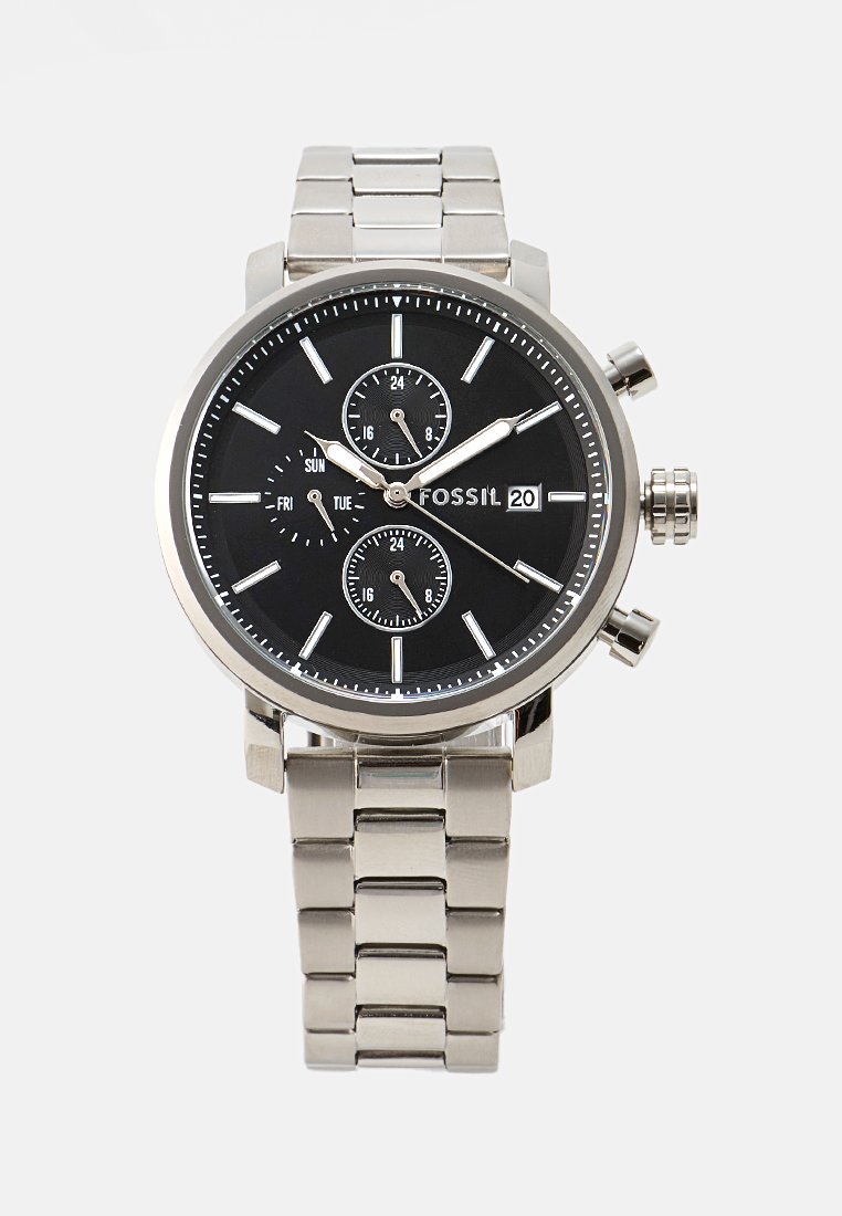 Edelstahl-Fossil-Armbanduhr mit schwarzem Zifferblatt, drei Hilfszifferblättern, Anzeige für Tag und Datum sowie Metallarmband.