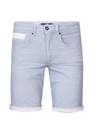 Light blue denim shorts with rolled-up hems, featuring a white back pocket accent and classic five-pocket design. Copper button closure.