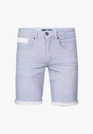 Hellblaue Denim-Shorts mit aufgerollten Säumen, ausgestattet mit einem weißen Akzent an der Gesäßtasche und klassischem Fünf-Taschen-Design. Kupferne Knopfverschluss.