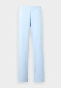 Ανοιχτό γαλάζιο, απαλό βαμβακερό παντελόνι φόρμας με ελαστική μέση, ίσια γραμμή και χωρίς ορατά σχέδια ή μεταλλικά στοιχεία.