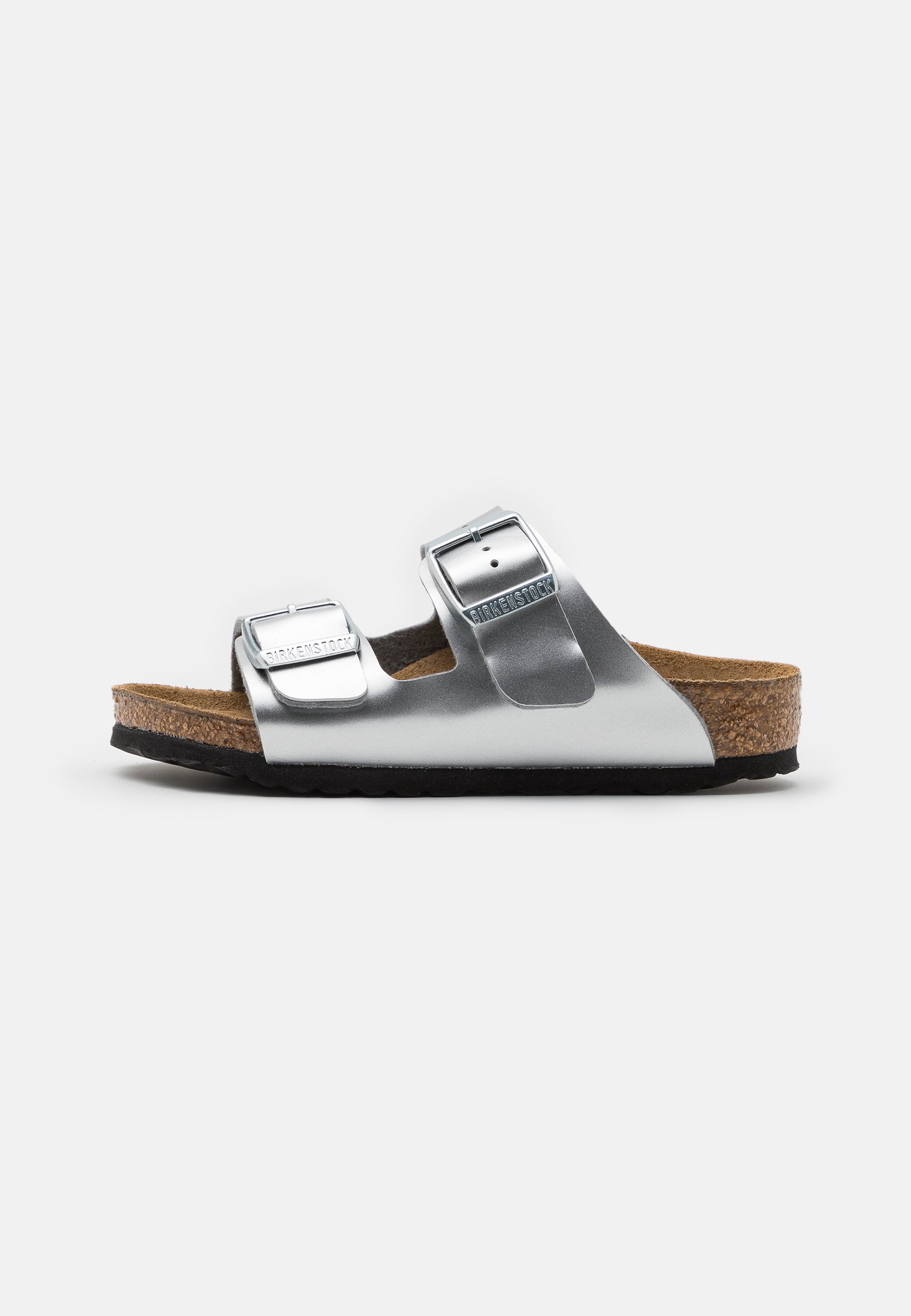 shiny silver birkenstocks