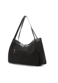 Zwarte schoudertas van zacht materiaal, voorzien van twee lange bandjes, een gladde afwerking en een voorvak met een ritssluiting en gouden accenten.