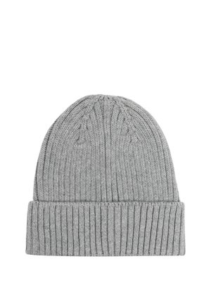 Graue, gestrickte Beanie-Mütze mit breitem, umgeschlagenem Bund, gerippter Struktur und vertikalem Nahtdetail, vor schlichtem weißem Hintergrund.