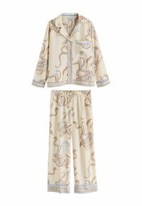 Set de pijama crem cu un model de caracatițe albastre și maro. Bluza are guler, buzunar și închidere cu nasturi; pantaloni cu talie elastică.