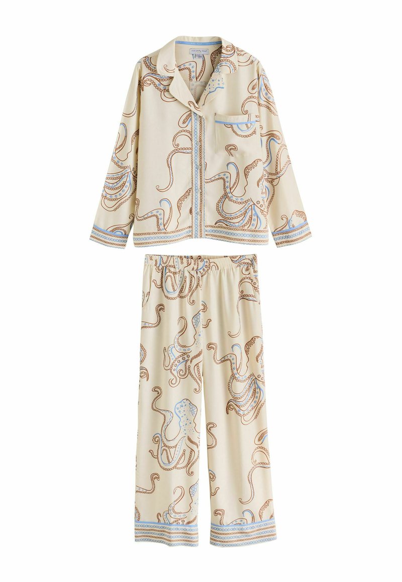 Set de pijama crem cu un model de caracatițe albastre și maro. Bluza are guler, buzunar și închidere cu nasturi; pantaloni cu talie elastică.