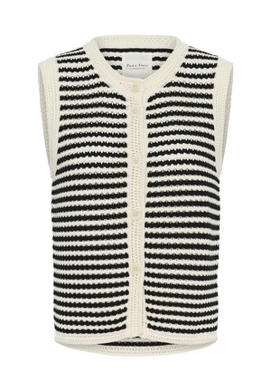 Varrukateta must-valgete triipudega kootud vest, millel on ees nupud ja ümar kaelus.