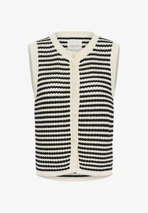 Ärmellose, schwarz-weiß gestreifte Strickweste mit Vorderknöpfen und rundem Ausschnitt.