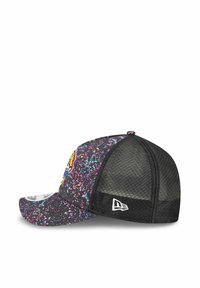 Cap with a black mesh back, colorful speckled front, and a gold animal logo. Features a curved brim and adjustable closure.