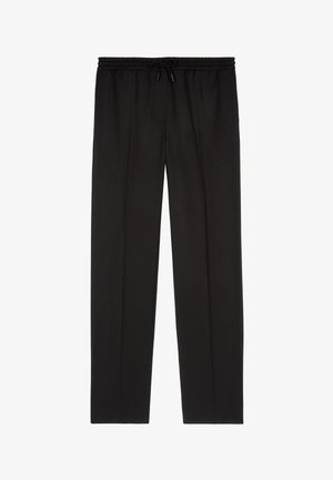 Zwarte rechte broek met elastische tailleband en koordsluiting, met een gladde, formele stoftextuur.