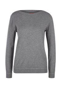 Grauer Langarm-Strickpullover mit rundem Halsausschnitt und gerippten Bündchen sowie Saum, auf einem schlichten weißen Hintergrund abgebildet.