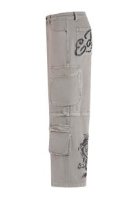 Gray cargo pants made of cotton blend, featuring multiple pockets, a textured surface, and a black graphic design on the leg.