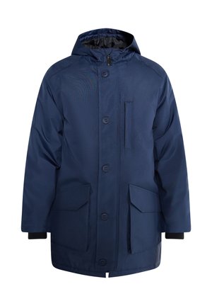Parka impermeabile blu navy con cappuccio, ampie tasche anteriori, chiusura con bottoni, polsini a coste e un esterno liscio e strutturato.