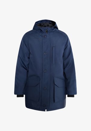 Parka impermeabile blu navy con cappuccio, ampie tasche anteriori, chiusura con bottoni, polsini a coste e un esterno liscio e strutturato.