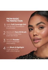 Femme à la peau parfaite à côté des étapes de maquillage : appliquer le fond de teint/correcteur, estomper avec un pinceau, fixer avec de la poudre, ajouter du blush et de l'illuminateur pour un éclat.