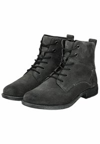 Paire de bottines montantes en daim gris foncé avec semelles noires et œillets en métal, design robuste pour un usage décontracté ou formel.