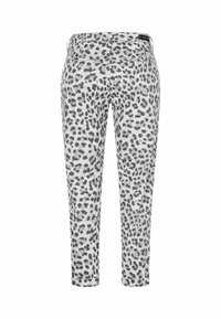 Leopard print pants in light gray with black spots. Soft fabric, mid-rise waist, slim fit, and ankle length. Two back pockets visible.