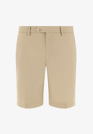 Shorts beige sur mesure mi-genoux avec passants de ceinture, fermeture par bouton, et un design avant épuré sur fond blanc.