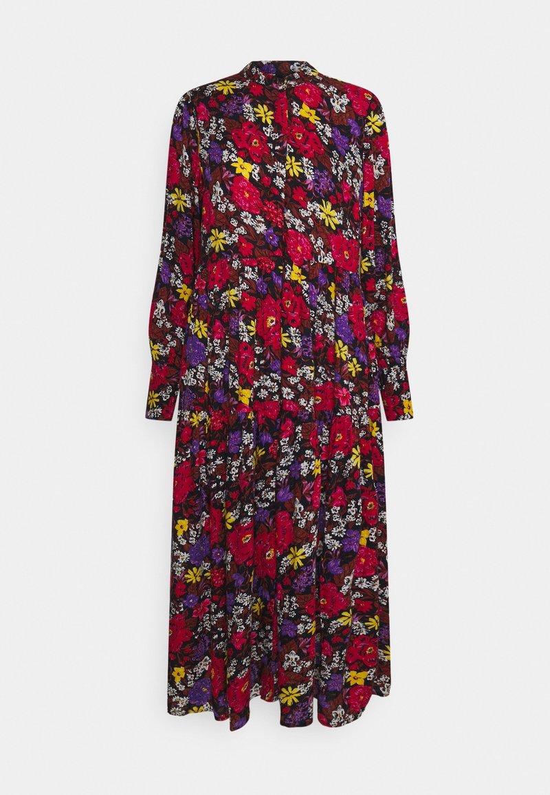 Robe midi à manches longues avec fermeture boutonnée sur le devant, présentant un motif floral coloré en rouge, jaune, violet et blanc sur un fond sombre.