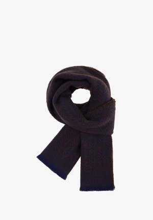 Marineblaue Schal mit einem Fischgrätmuster in Braun, aus weichem Material, mit fransen Besätzen und einem gerollten Design.