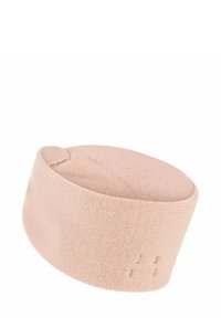 Lichtroze gebreide haarband met een brede band en een subtiel textuurpatroon aan één kant, tegen een witte achtergrond.