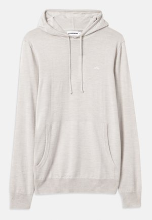 Hoodie gris clair avec capuche à cordon, poche frontale et poignets côtelés. Fabriqué en tissu doux, avec un logo discret sur la poitrine.