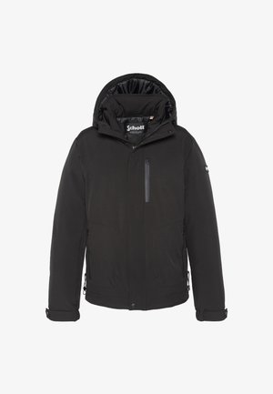 Czarna ocieplana kurtka z kapturem, przednią kieszenią na suwak i regulowanymi mankietami. Charakteryzuje się gładkim materiałem i ukrytymi zapięciami dla eleganckiego wyglądu.